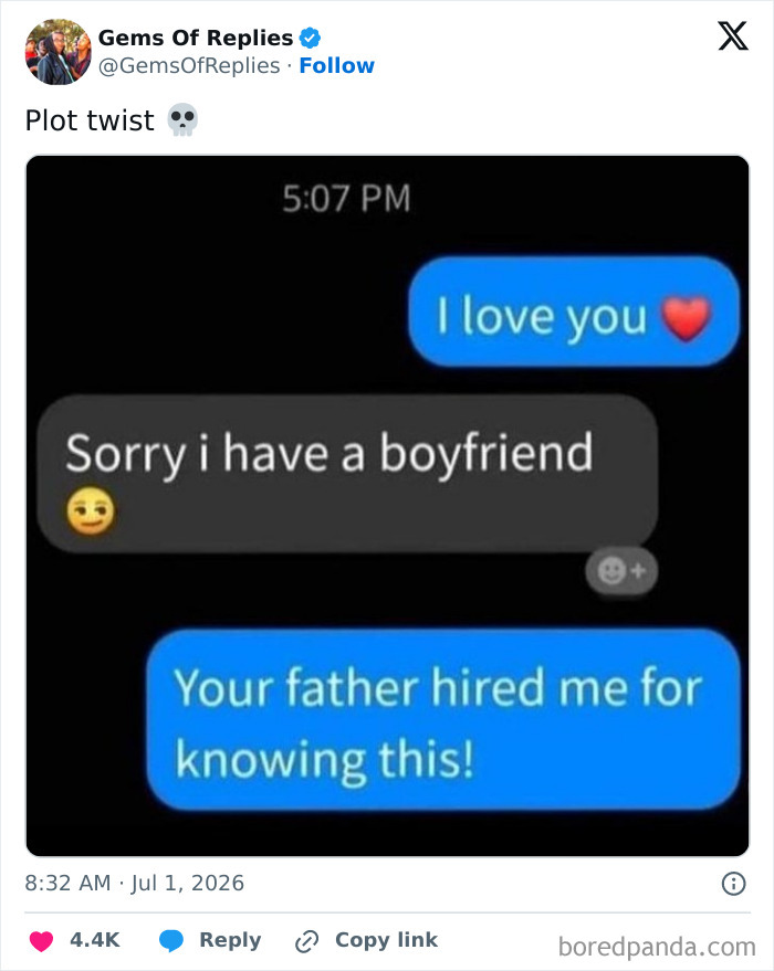 A text message conversation showing a confession of love, a rejection, and a witty plot twist, revealing a perfect reply.