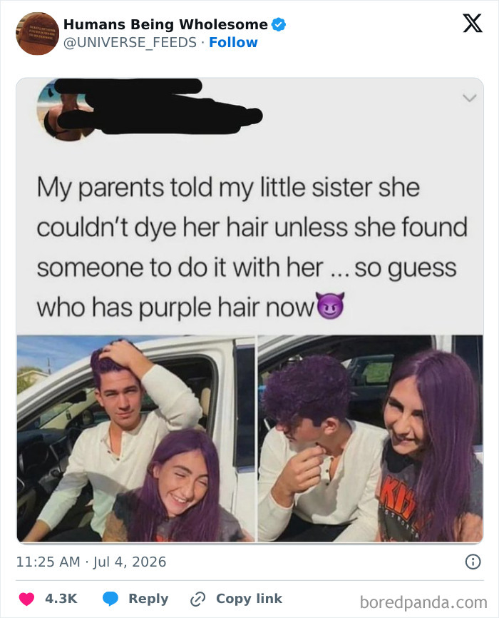 Siblings share purple hair after parents require friend to dye hair together