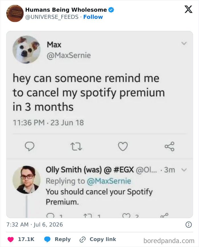 Funny tweet about reminding to cancel Spotify premium in three months