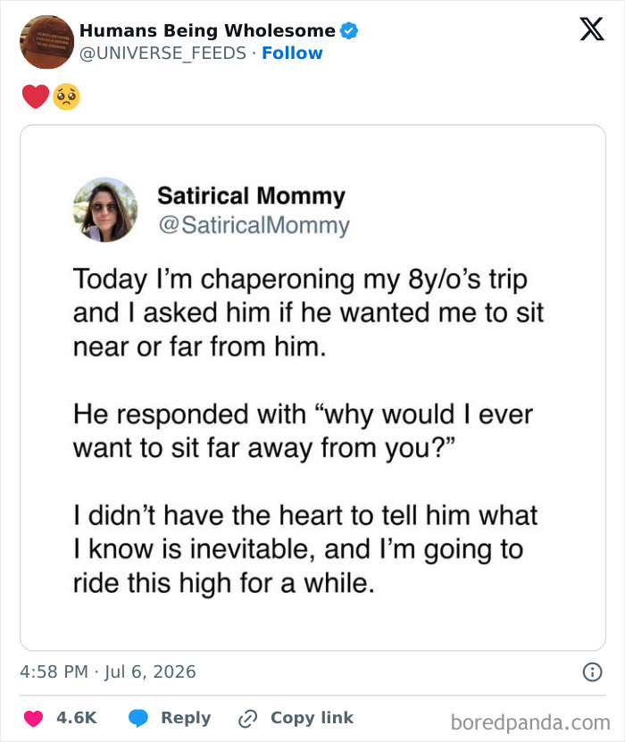 Heartwarming tweet about child wanting to sit close on a chaperoned trip