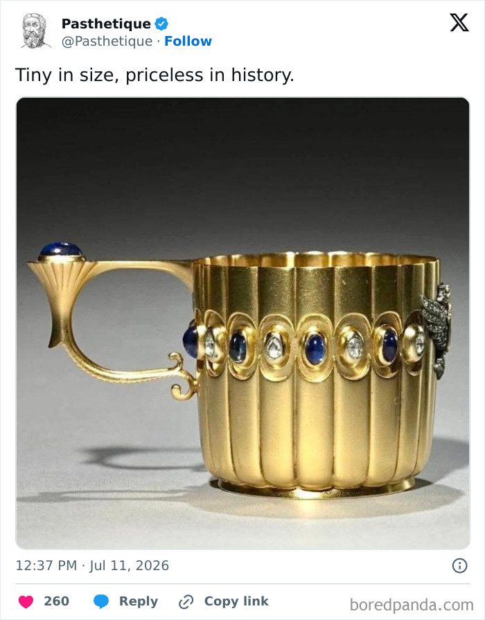 An ornate gold cup embellished with blue sapphires and diamonds showcasing history and culture
