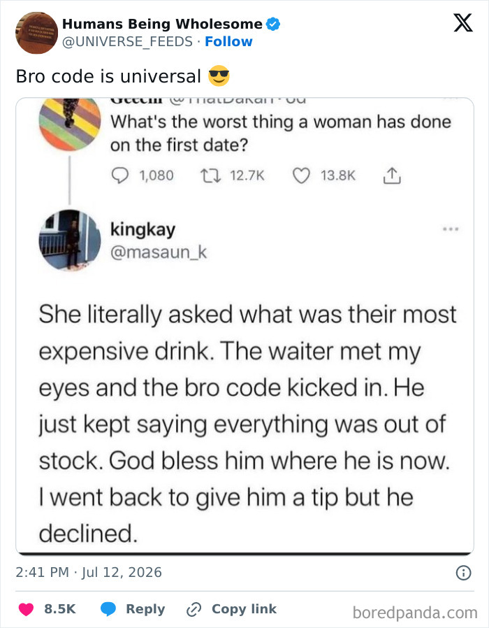 Bro code story shared online about a waiter helping on a first date