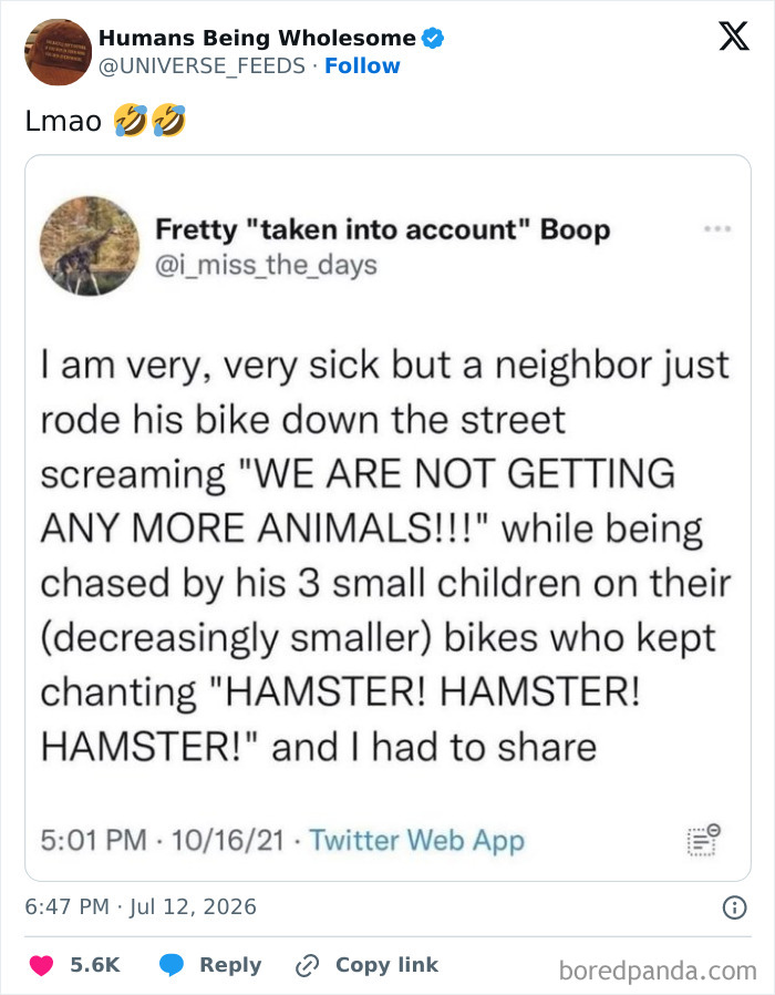 Funny tweet about neighbor being chased by kids chanting hamster for more pets