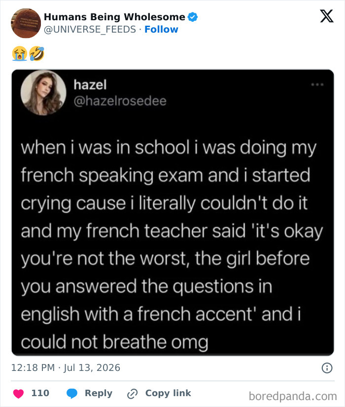 Student struggles during French exam, teacher reassures with humor about language mistakes