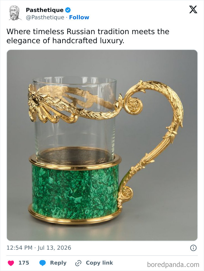 Handcrafted aesthetic art glass mug featuring gold ornaments and a green base