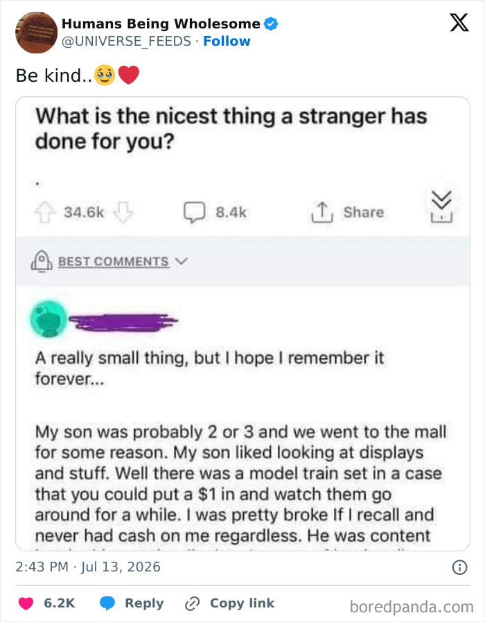 Wholesome moment of a stranger's kindness shared online in a heartfelt story
