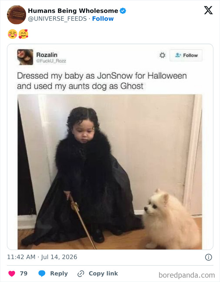 Baby dressed as Jon Snow with aunt's dog as Ghost in a cute Halloween costume