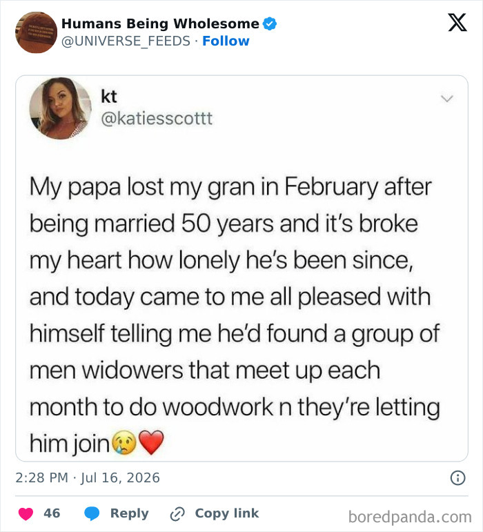 Wholesome story of widower joining woodwork group to heal loneliness after 50 years of marriage