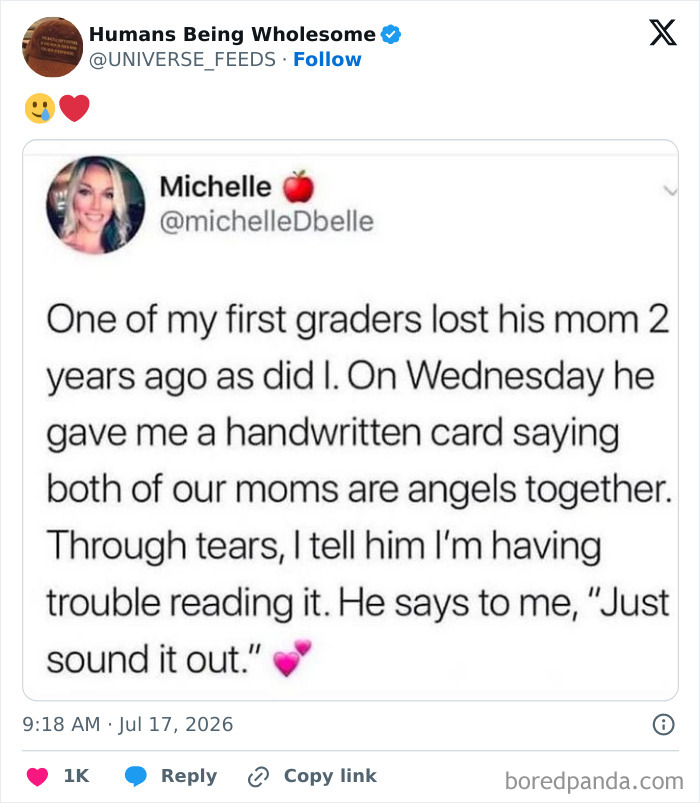 Wholesome moment of first grader giving a handwritten card about angels to teacher