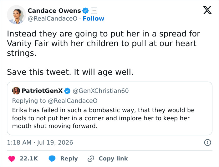 A tweet by Candace Owens commenting on the Erika Kirk photo controversy and media messaging A tweet by Candace Owens commenting on the Erika Kirk photo controversy and media messaging