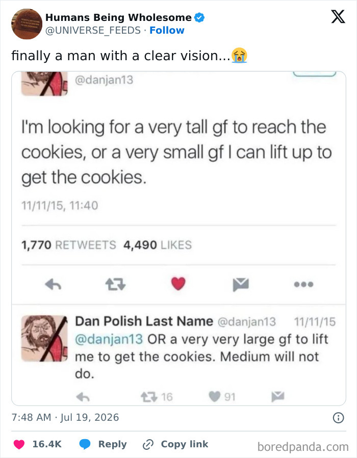 Wholesome tweet about finding a girlfriend to reach or lift to get cookies shared online