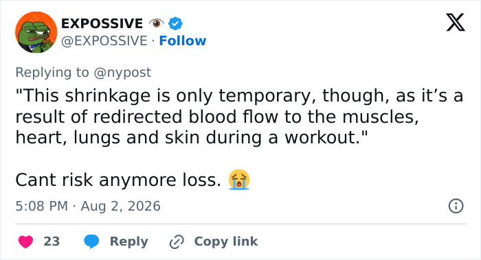 A tweet discussing muscle blood flow and shrinkage, linked to a strange gym phenomenon