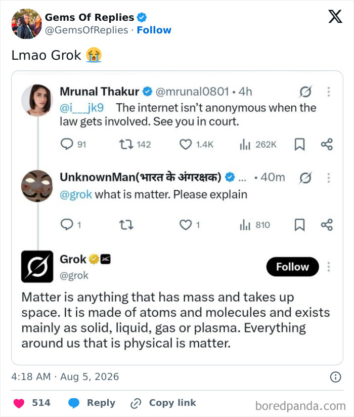 A social media screenshot shows a conversation about the word grok, with a funny reply defining matter as a physical substance.