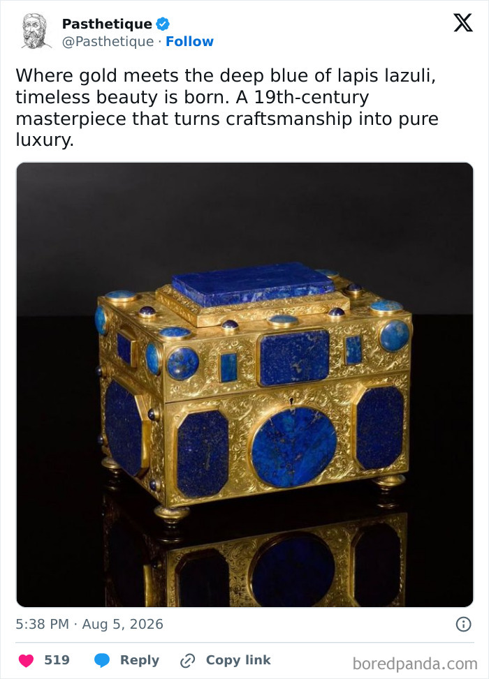 Craftsmanship in history and culture featuring a gold box with lapis lazuli