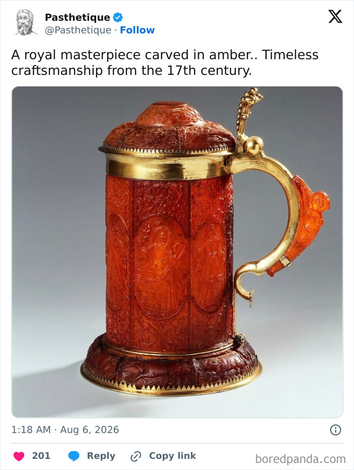 Carved amber lidded tankard representing classic history and culture