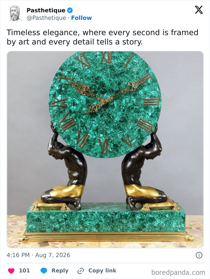 Aesthetic art piece of a malachite clock held by two bronze figures, showcasing historic culture
