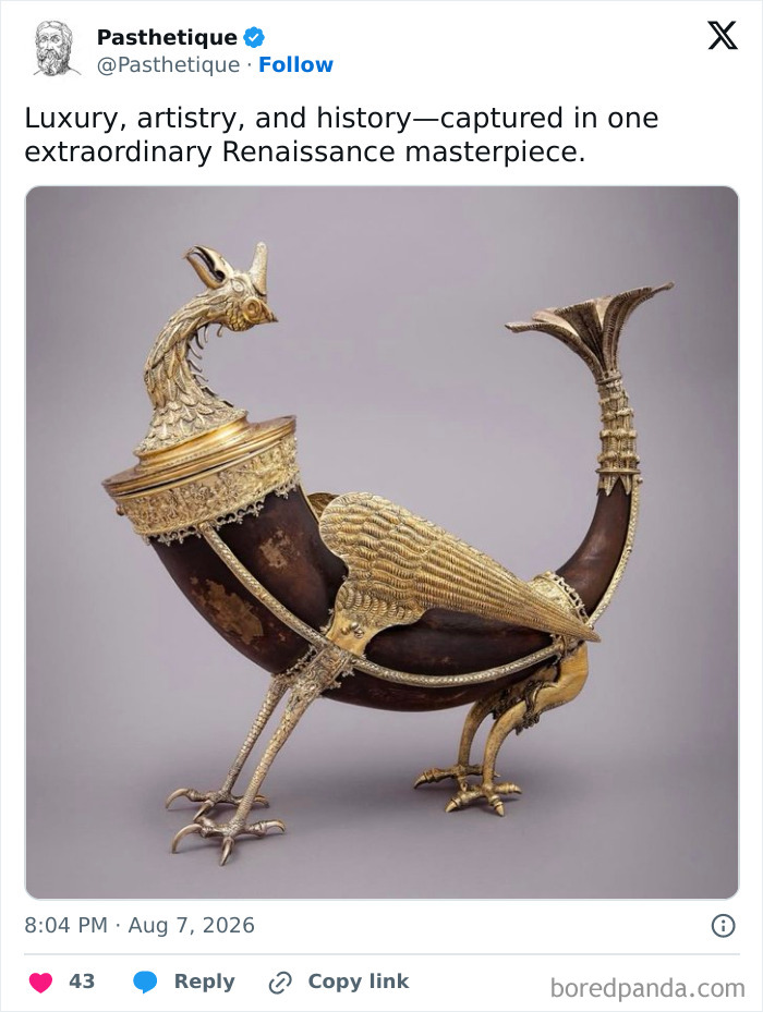 A Renaissance masterpiece vessel shaped like a mythical bird, representing art and culture from the past