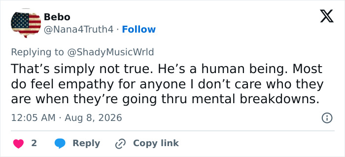 A social media user comments on Perez Hilton's crisis, emphasizing empathy for anyone experiencing mental breakdowns. A social media user comments on Perez Hilton's crisis, emphasizing empathy for anyone experiencing mental breakdowns.
