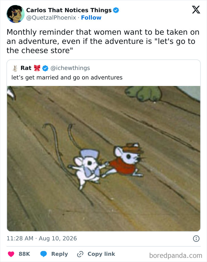 A meme featuring two cartoon mice holding hands, with text about marriage and adventures, and a tweet about women wanting adventures.