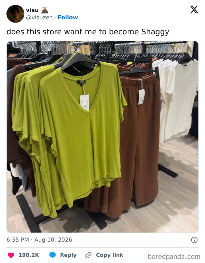 Funny tweet: a store rack with lime green shirts and brown pants, resembling Shaggy from Scooby-Doo.