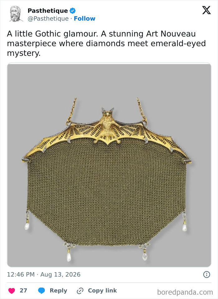 An Art Nouveau style mesh purse featuring a gold bat, blending aesthetic art and history