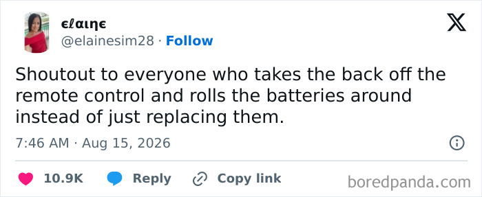 Funny tweets about a remote control, humorously referring to rolling batteries instead of replacing them.