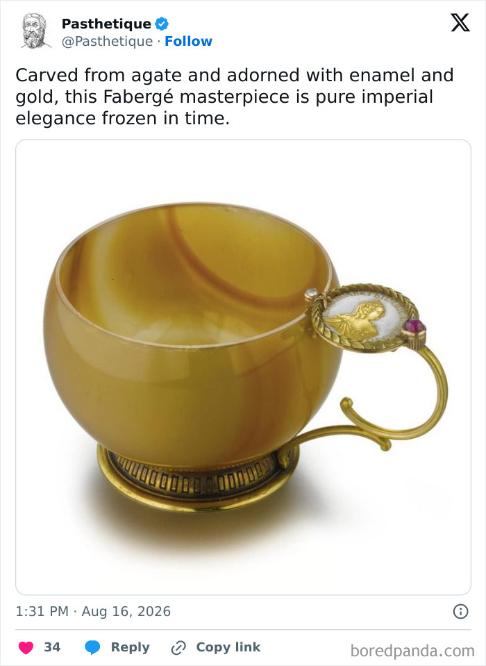 Aesthetic culture Fabergé cup carved from yellow-brown agate with an ornate gold and enamel handle