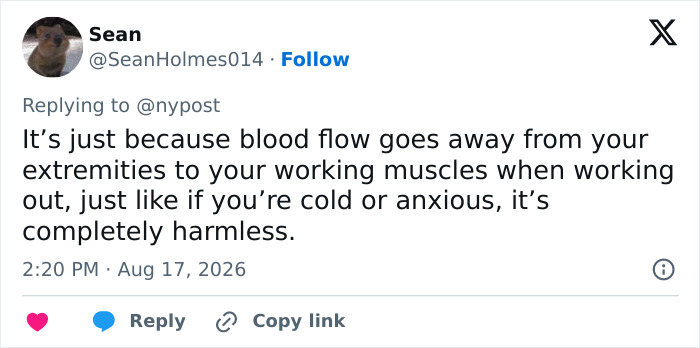 Tweet explaining the physiological reason behind the strange gym phenomenon in men.