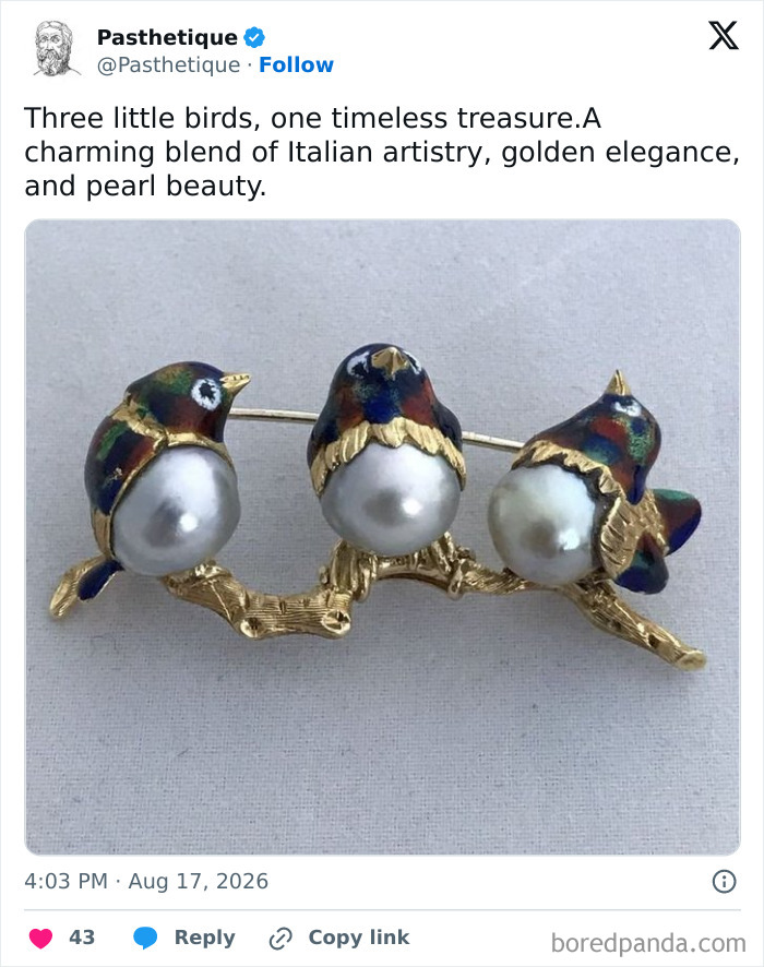 Charming aesthetic history brooch featuring three enameled birds with pearl bellies on a gold branch