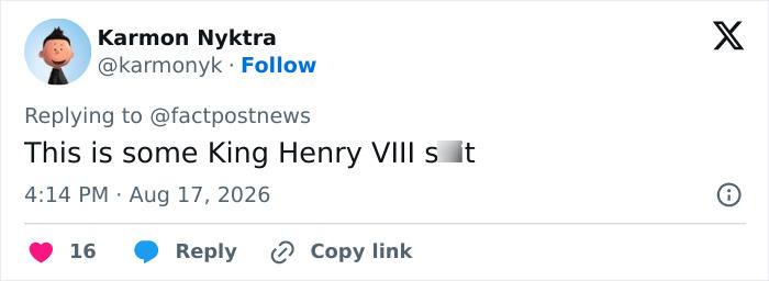 A social post comparing a situation involving Trump Aide Natalie Harp to King Henry VIII