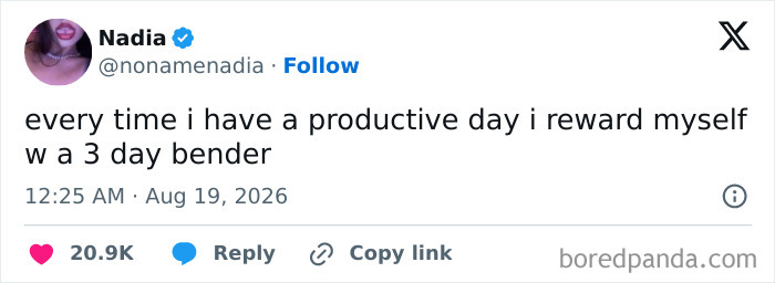 Funny tweet about rewarding a productive day with an unhinged 3-day bender, reflecting life's quirks.