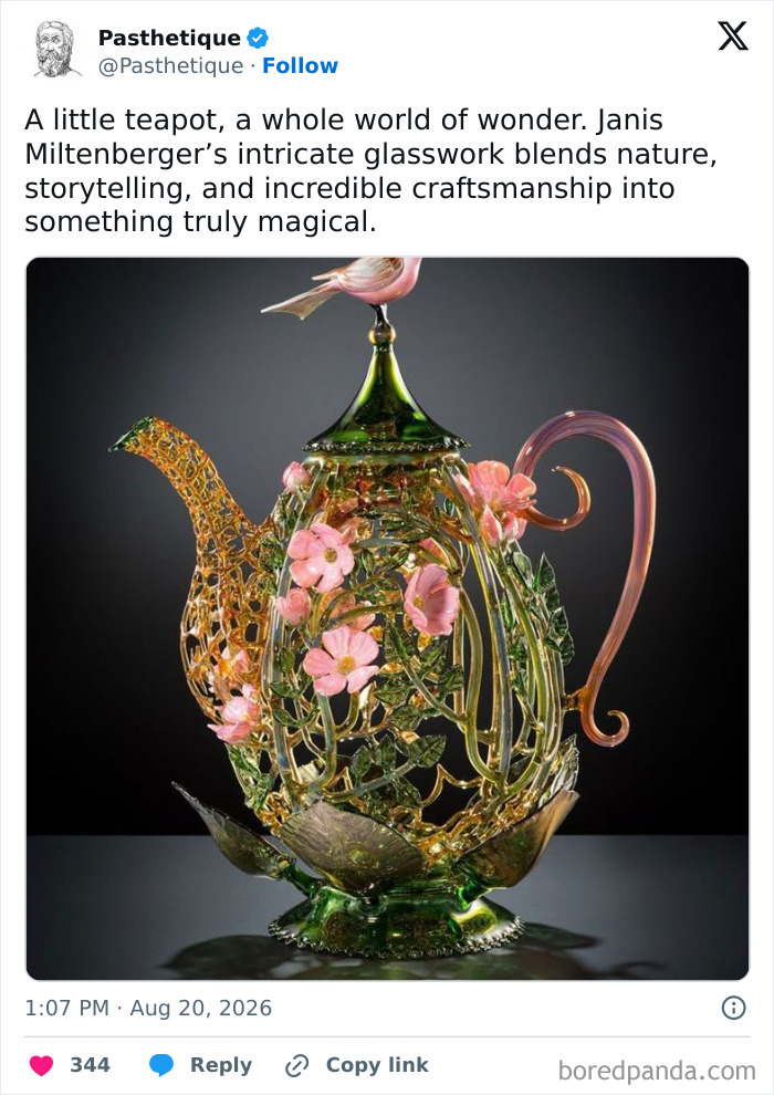 Intricate aesthetic art glass teapot with pink flowers, green vines, and a pink bird on the lid