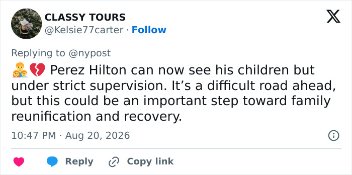 Perez Hilton crisis deepens: A tweet about Perez Hilton seeing his children under strict supervision. Perez Hilton crisis deepens: A tweet about Perez Hilton seeing his children under strict supervision.