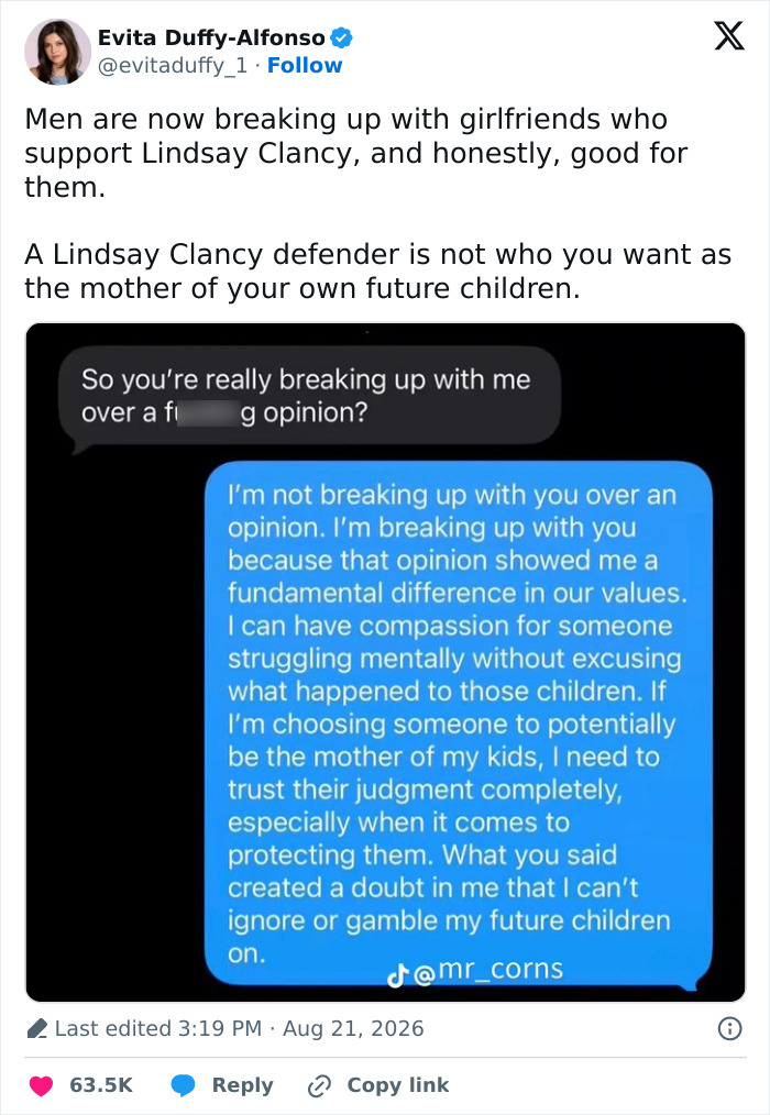 A screenshot of a text message showing a man calling off his wedding due to his fiancée's comment about the Lindsay Clancy case. A screenshot of a text message showing a man calling off his wedding due to his fiancée's comment about the Lindsay Clancy case.