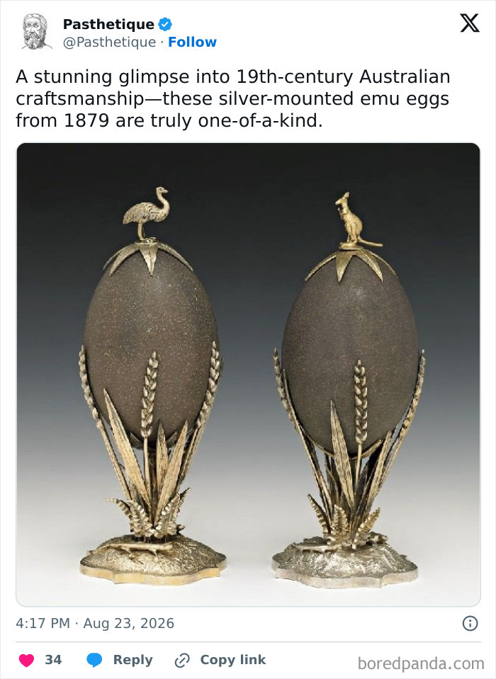 Aesthetic history: two 19th-century silver-mounted Australian emu eggs with a gold emu and kangaroo on top