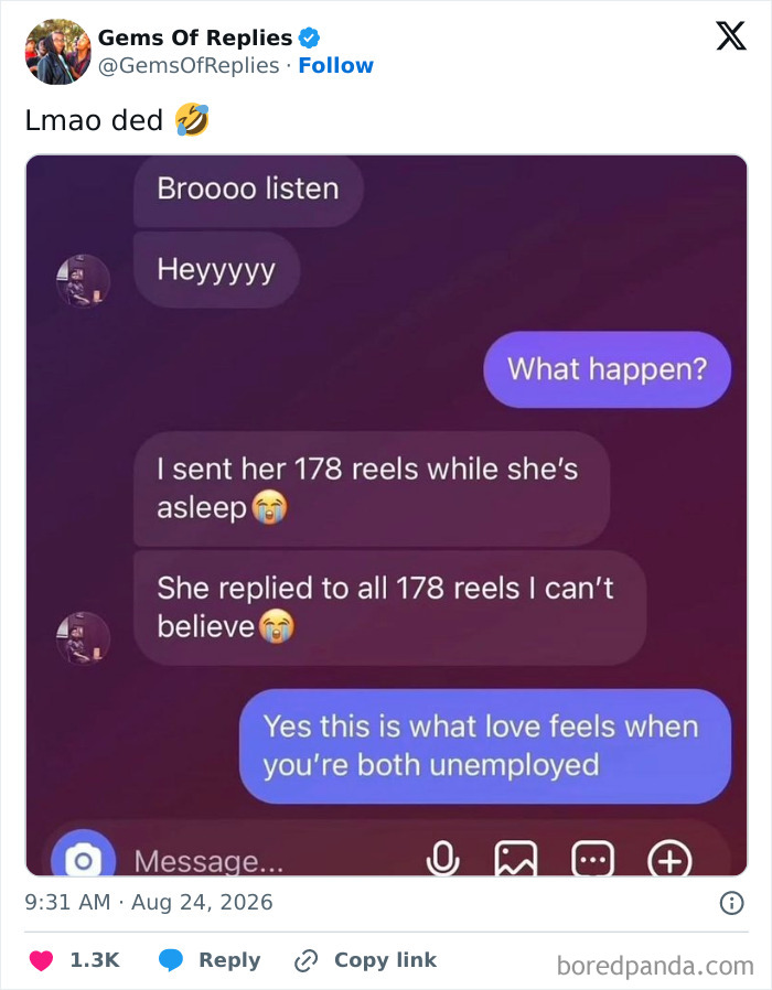 A social media post shows a text conversation about 178 reels and a humorous reply about love.