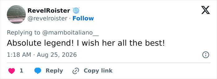 Tweet from RevelRoister: Absolute legend! I wish her all the best!, supporting a bride going ahead with her wedding. Tweet from RevelRoister: Absolute legend! I wish her all the best!, supporting a bride going ahead with her wedding.