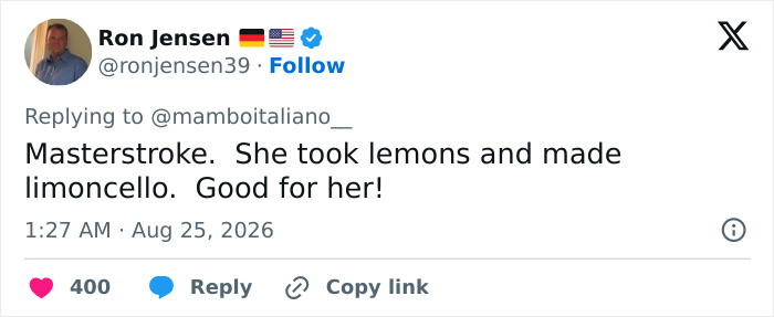 A screenshot of a tweet by Ron Jensen praising the bride for going ahead with her destination wedding after being dumped. A screenshot of a tweet by Ron Jensen praising the bride for going ahead with her destination wedding after being dumped.