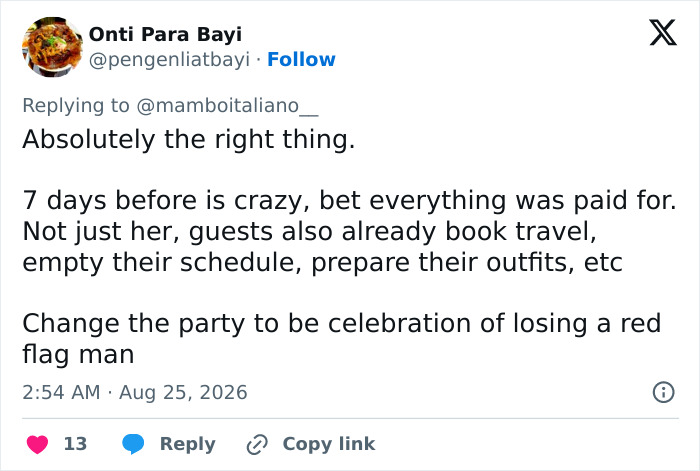 Screenshot of a tweet suggesting the dumped bride go ahead with her destination wedding without the groom. Screenshot of a tweet suggesting the dumped bride go ahead with her destination wedding without the groom.