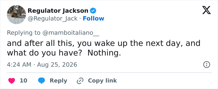 Tweet from Regulator Jackson: What do you have? Nothing. A skeptical comment about a bride going ahead with her wedding. Tweet from Regulator Jackson: What do you have? Nothing. A skeptical comment about a bride going ahead with her wedding.