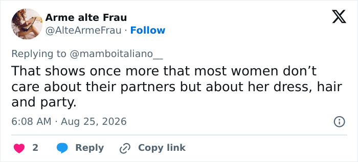 A social media comment suggesting that the bride, dumped before her destination wedding, cares more about the dress and party. A social media comment suggesting that the bride, dumped before her destination wedding, cares more about the dress and party.