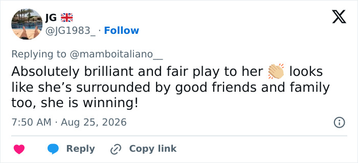 A social media comment praising the bride for going ahead with her destination wedding, surrounded by friends and family. A social media comment praising the bride for going ahead with her destination wedding, surrounded by friends and family.
