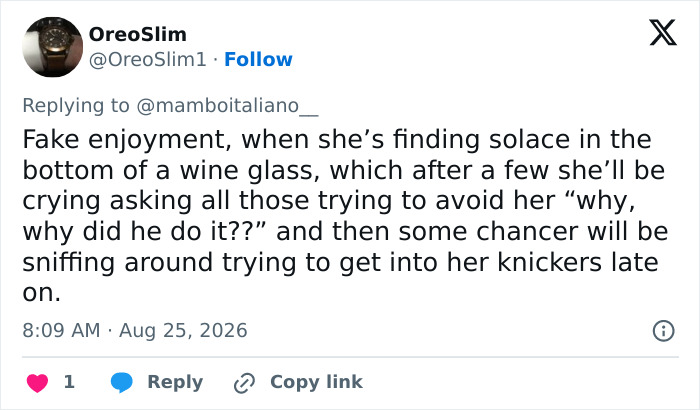 A social media comment speculating that the bride, dumped before her destination wedding, is faking enjoyment. A social media comment speculating that the bride, dumped before her destination wedding, is faking enjoyment.