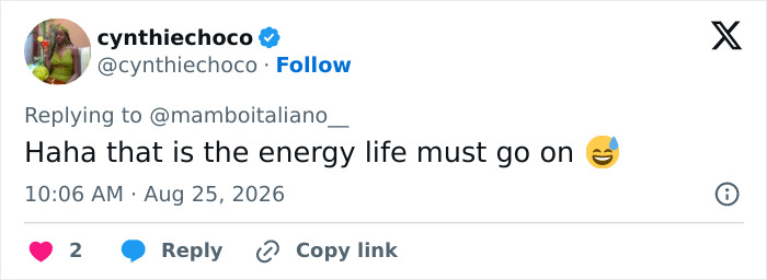Tweet from cynthiechoco: Haha that is the energy life must go on, referencing a bride going ahead with her wedding. Tweet from cynthiechoco: Haha that is the energy life must go on, referencing a bride going ahead with her wedding.