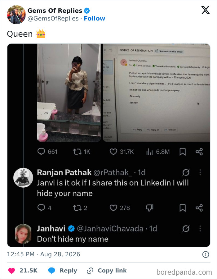 A woman poses in a mirror, next to a computer screen with resignation email, showcasing perfect replies in comments.