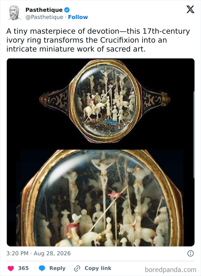 Aesthetic history miniature: 17th-century ivory ring showing the Crucifixion under a domed glass