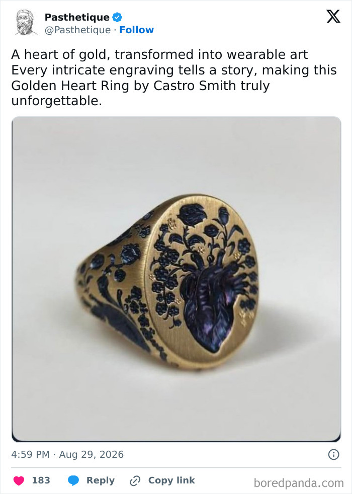 Aesthetic art golden ring featuring an engraved anatomical heart with blue flowers