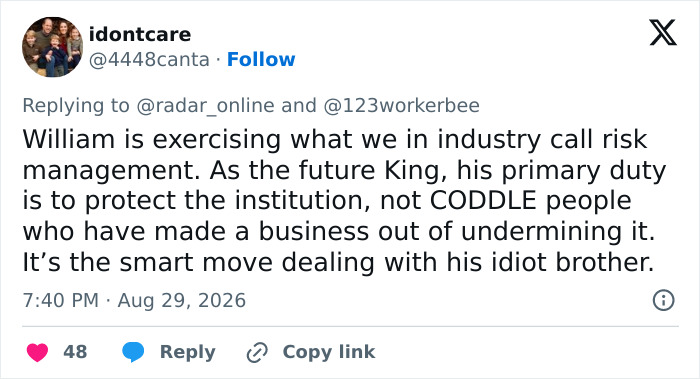 A tweet from idontcare discussing William's plan to deal with Harry and Meghan, focusing on risk management as a future King. A tweet from idontcare discussing William's plan to deal with Harry and Meghan, focusing on risk management as a future King.