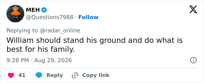 A tweet from MEH stating William should stand his ground for his family, regarding his plan to deal with Harry and Meghan. A tweet from MEH stating William should stand his ground for his family, regarding his plan to deal with Harry and Meghan.