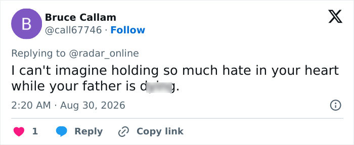 A tweet by Bruce Callam expressing disbelief at the hate held while a father is dying, referencing William and Kates plan to deal with Harry and Meghan. A tweet by Bruce Callam expressing disbelief at the hate held while a father is dying, referencing William and Kates plan to deal with Harry and Meghan.